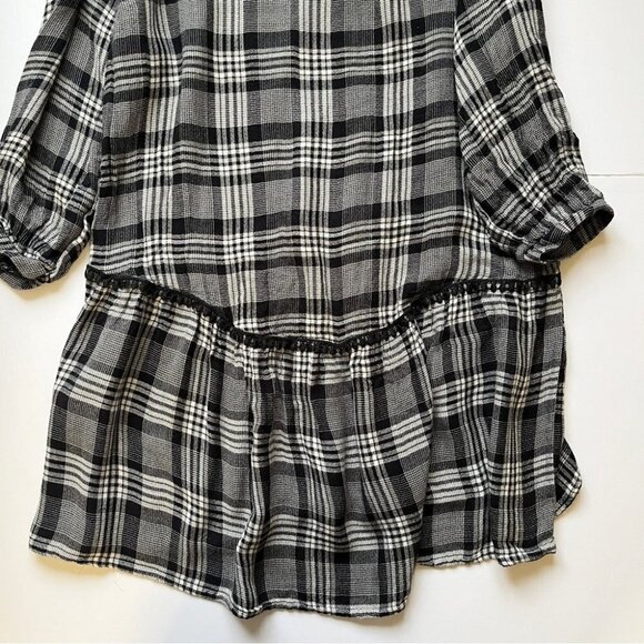 Zara Plaid Checkered Top Blouse Dress Tunic Embroidered Lettuce V Neck Hem Sz XS - Picture 16 of 16